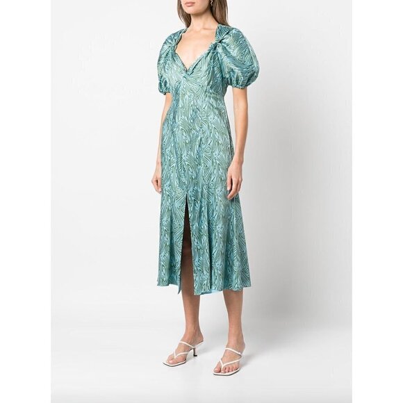 Cinq a Sept Marice Printed Satin Midi Dress Celeste Green Blue Womens 0 - Picture 1 of 12